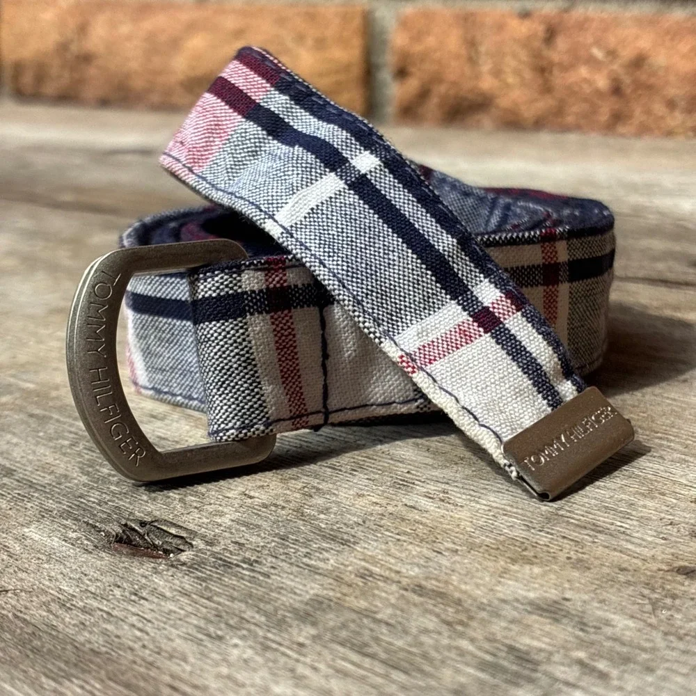 Tommy Hilfiger Belt Plaid D-Ring Webbing Navy Red White 34.5 Inch Preppy